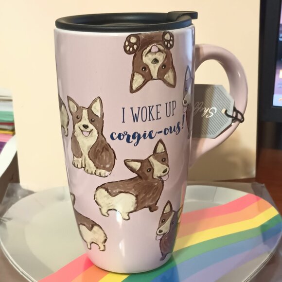 NWT ~ Sheffield Home I Woke Up Corgie-ous Pink Stoneware Coffee Mug 16 Oz w/ Lid - Picture 3 of 7